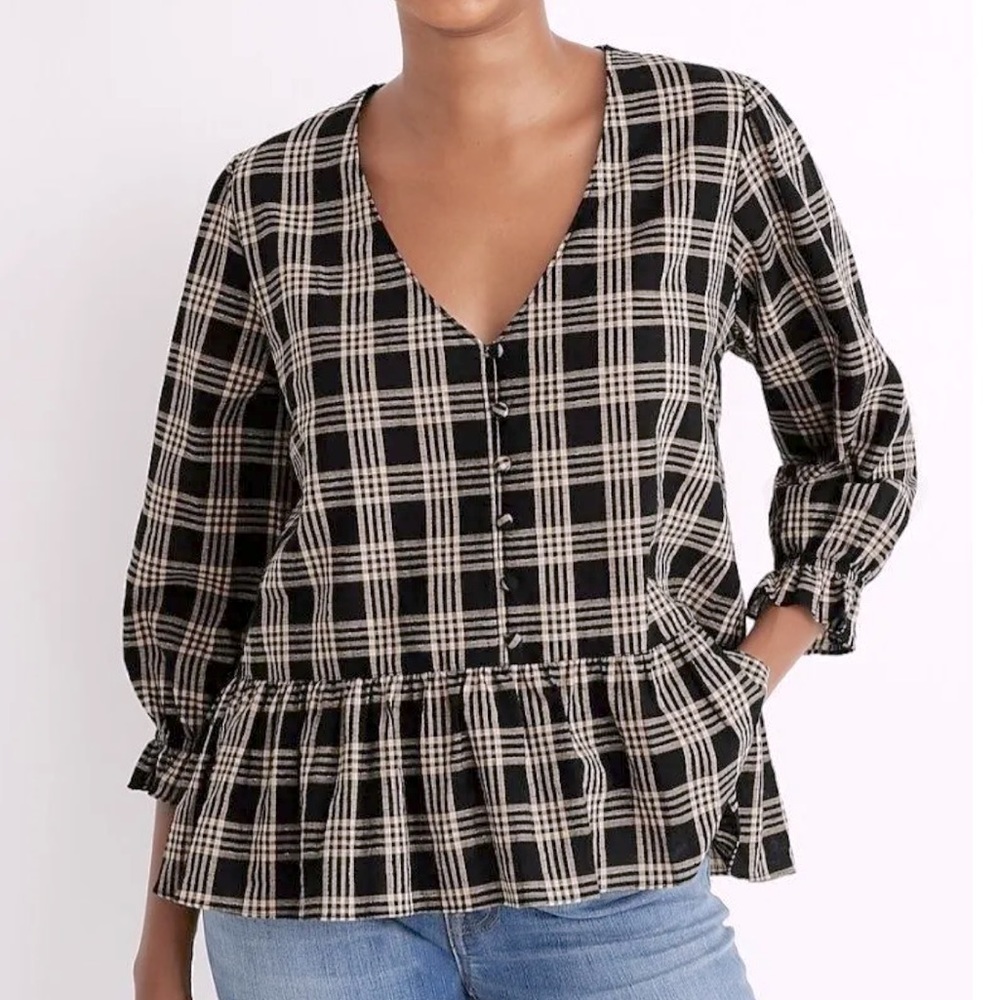 Madewell Courtyard Ruffle Hem Top in Metallic Plaid Size Smal